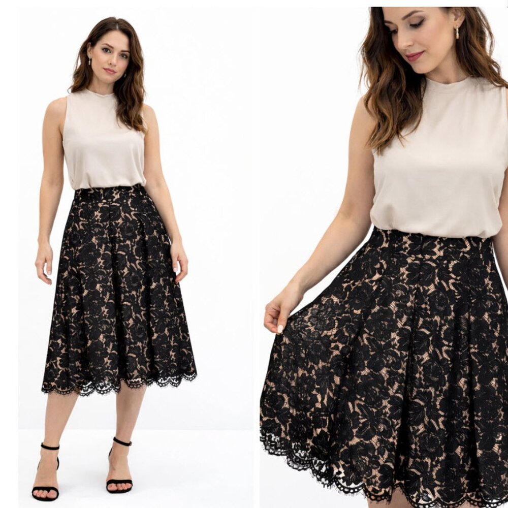 Eliza J Lace Skirt A-Line Layered Black Cream Size 8 Knee Length